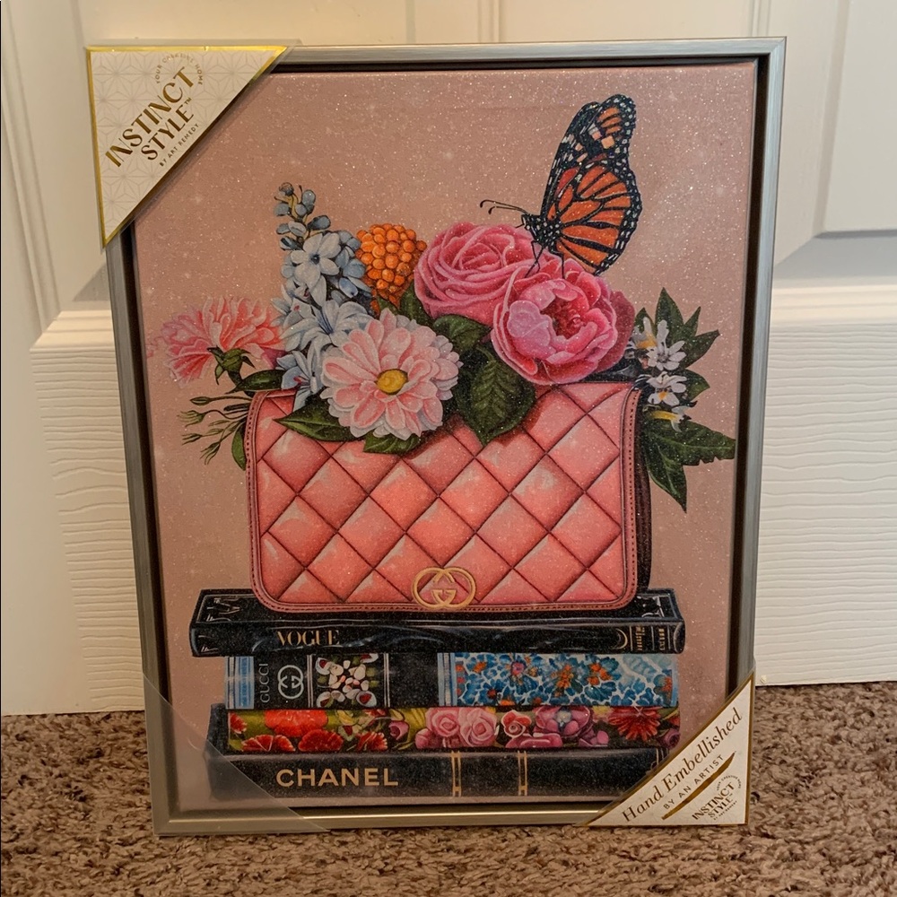 FASHION INSPIRED Purse and Flowers Picture with Silver Frame